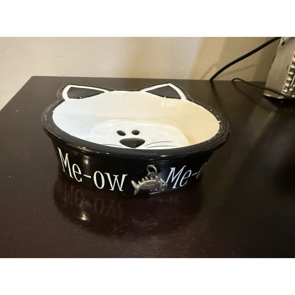 Mudpie Cat Food Dish Kitty Face With Fish Charm Water Bowl